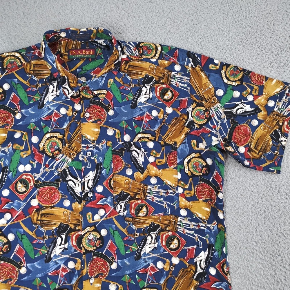 Vintage Jos A Banks Golf  Print Button Up Shirt Mens Large 100% Cotton All Over